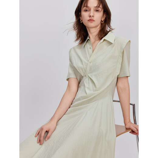 ELLE French design true two-piece suit dress for women 2024 summer new style pleated temperament right shoulder skirt light green M