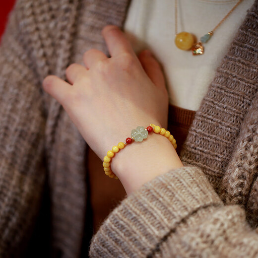 Longyin Beeswax Bracelet Amber Bracelet Women's Zodiac Year Men Hetian Jade Four-leaf Clover Fu Zi Nanhong Birthday Gift CS 5MM Single Circle Beeswax Four-leaf Clover Fu Zi