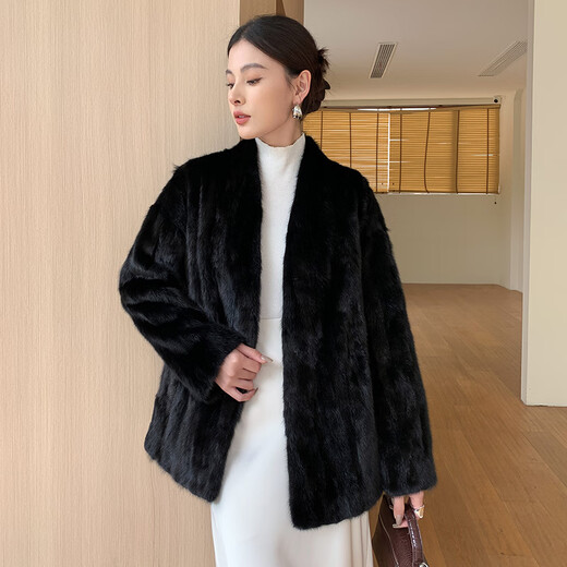 Aoerrun Haining imported 2025 new mink fur coat for women mink fur young style fashionable V-neck black M 90-110Jin Jin is equal to 0.5 kg