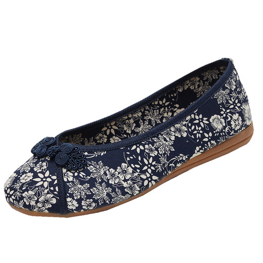 Yonghe Chun Ancient Style Embroidered Shoes Fashion Flat Women's Shoes Old Beijing Cloth Shoes Printed Cloth Hanfu Shoes National Style Cheongsam Women's Single Shoes 166 Dark Blue 40 Smaller Size
