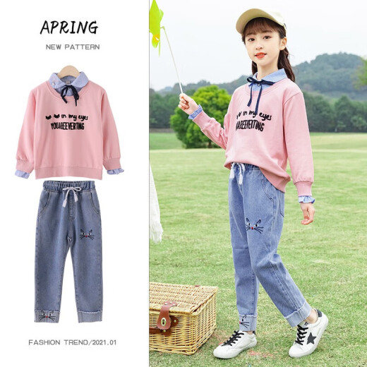 Marco Bear children's clothing girls' suit spring sweatshirt jeans two-piece set for big children spring children's style Korean version QY03760 pink 140 (recommended height 135cm)