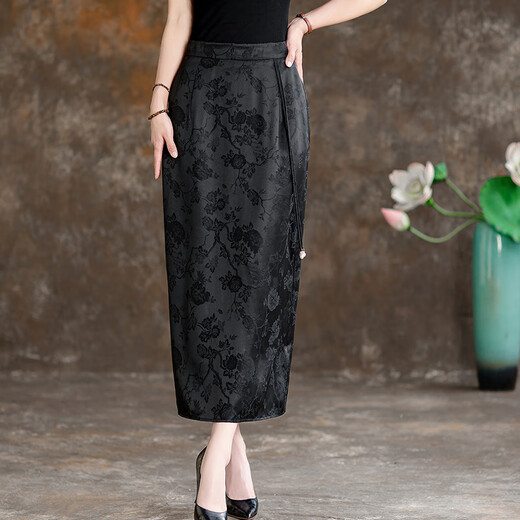 Qidai New Chinese Silk Mulberry Silk Skirt Women's 2025 New High Waist Slim Retro Jacquard Fashion Arm Covered Skirt Black L/90-100Jin Jin is equal to 0.5 kg