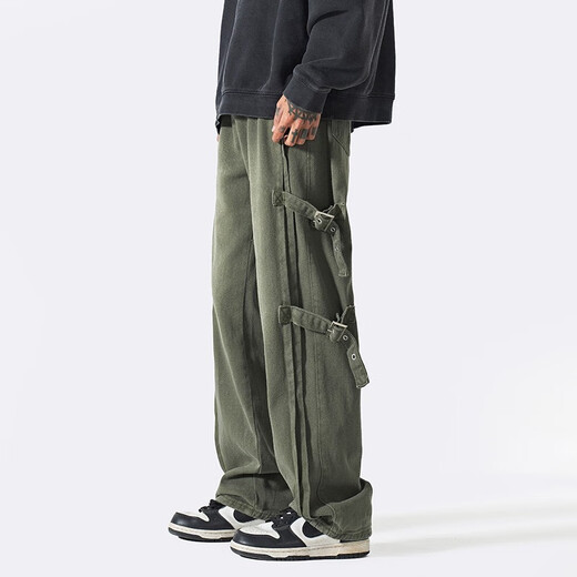 POUM casual pants men's spring and autumn style design tooling loose straight pants American niche solid color trousers men BCYMG- G060 military green XL [Suggested 130-154Jin [Jin equals 0.5 kg]]