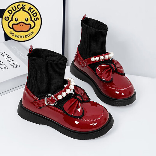 G.duck Little Yellow Duck Girls' Shoes Small Leather Shoes 2025 Children's Short Boots Princess Martin Boots Autumn and Winter Little Girls Black Boots HDL-Red 818 (Single Shoe) Size 37 Inner Length 22.9cm