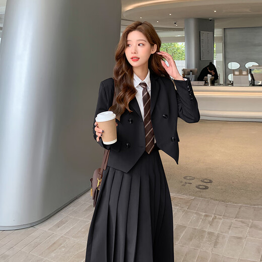 Customized (CECAI) college style gray suit for women 2025 spring new loose slim suit pleated skirt two-piece set black (suit + shirt + skirt) S