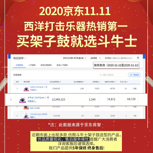 Bullfighter斗牛士架子鼓成人儿童专业爵士鼓初学者演奏打击乐器 酒红色5鼓3镲(升级油皮鼓面)