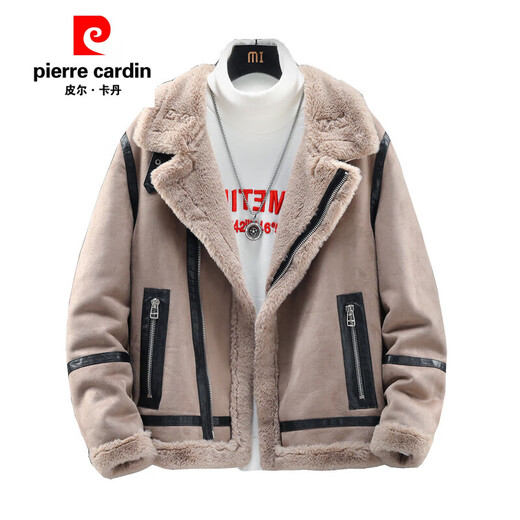 皮尔卡丹（pierre cardin）冬季新款羊羔毛夹克男加绒加厚海宁皮毛一体潮毛领外套男 灰色 M适合90-110斤