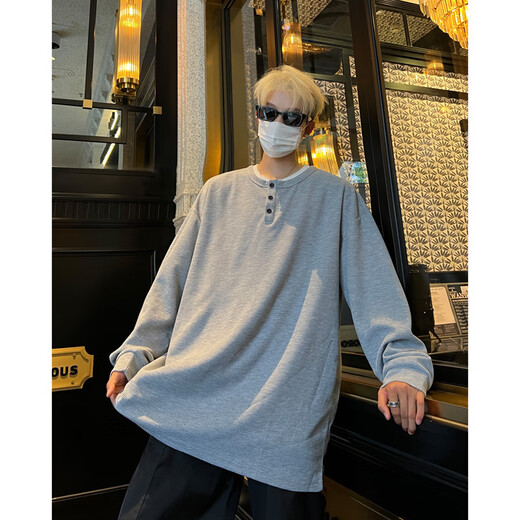 至唯 美式潮流亨利领长袖T恤男装春秋季男款卫衣青少年学生打底衫衣服 白色 XL