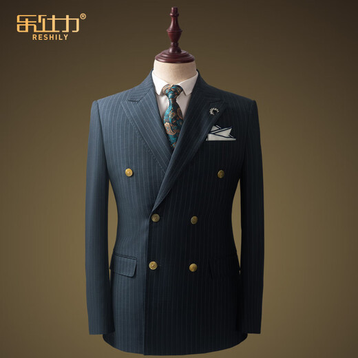 Lexili wool suit suit men's high-end business slim suit blue striped double-breasted British style palace dress wool gray and blue striped 3-piece set 180/XL 52 size, default size 33 pants