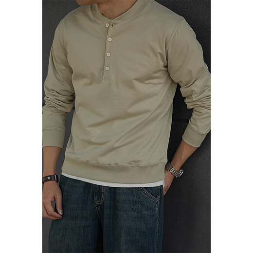 American retro heavyweight cotton baseball collar henley shirt T-shirt Ami Khaki tough guy style bottoming shirt men's spring white S