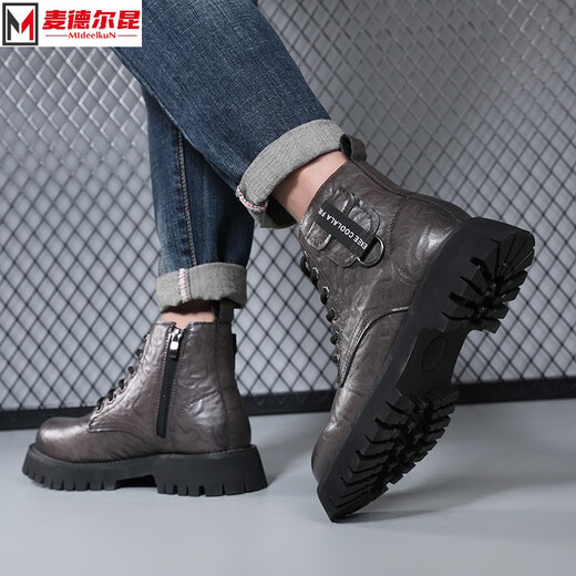 Mideelkun Martin Stiefel neue Männer mit mittlerer Mode-Top-High-Top-Lederschuhe Herrenschuhe Herbst und Winter Kurzstiefel Arbeiten Kleidung Schwarze Lederstiefel 3519 Grau 41