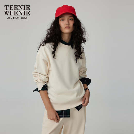 Teenie Weenie bear autumn simple round neck pullover sweatshirt college style short top casual fashion women milk white M (165)