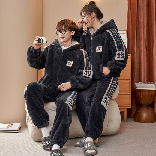 侬黛  NO DIE情侣睡衣珊瑚绒冬季男女款可爱卡通连帽加厚加绒保暖家居服套装 WX9902 XL (170) (120-140斤)女