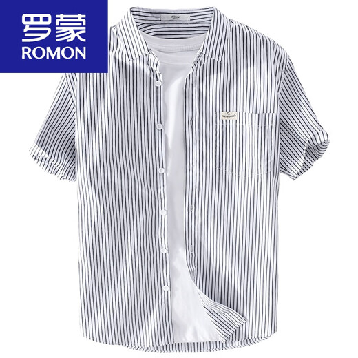 罗蒙（ROMON）男士条纹短袖衬衫日系宽松薄款上衣夏季休闲衣服潮流百搭衬衣 9738款 浅蓝条纹 M 95斤左右