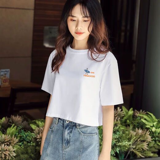Ran Yilan wide navel short white cotton T-shirt for women short sleeves 2021 summer new short high waist top T-shirt 897# (short) S 60-85Jin [Jin equals 0.5 kg]