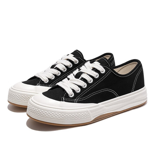 飞跃（Feiyue）官方帆布鞋男鞋女鞋低帮百搭厚底舒适休闲鞋子情侣款透气运动板鞋 黑色 38