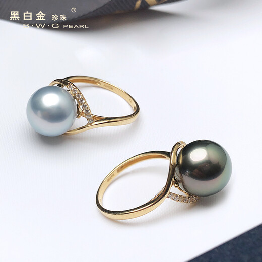 Black and white gold pearl, South Sea platinum, malachite green, seawater glare, Tahitian black pearl ring, 18k gold for women, inlaid with zircon, platinum gray (please leave a message for the ring number) 10-11mm