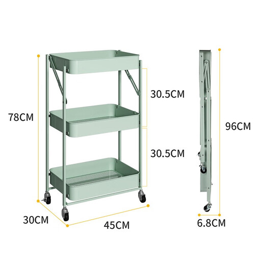 Chuidahuang three-layer storage rack, installation-free folding storage cart, multi-functional shelf storage rack, floor-standing rack, light green