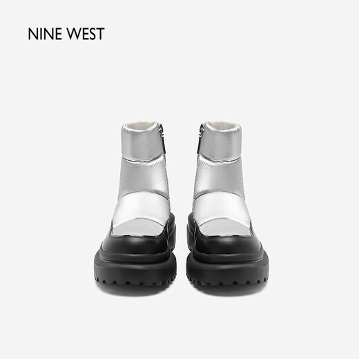 NINE WEST品牌雪地靴女银色防水2025冬新款圆头加绒厚底增高短靴女 黑/银(绒里) 34