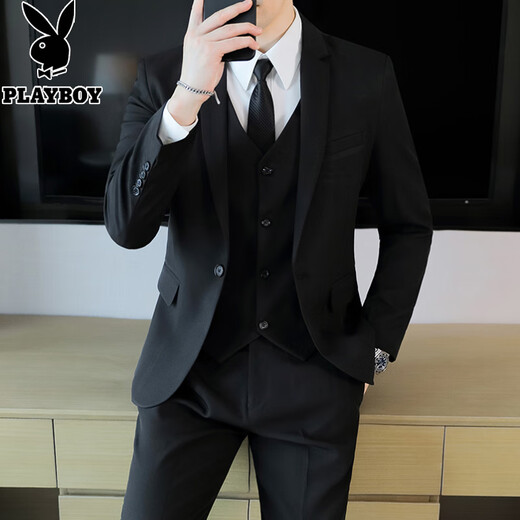 Playboy suit men's casual Korean style business professional formal three-piece suit slim fit wedding groomsmen and groom suit jacket black two-button suit + tie 2XL