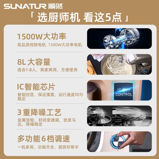 Shunran [15% National Supplement] Chef machine 8 liter large capacity household fully automatic dough kneading machine fermentation multi-function mixer commercial egg beater cream pasta cooking machine basic model - three-in-one multi-function/enterprise standard 8L
