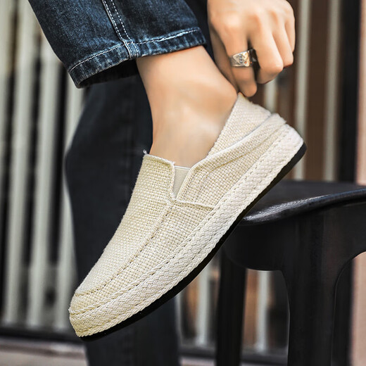 Changxiang Huili Canvas Herrenschuhe im Sommer vielseitige Freizeitbrettschuhe Faule Menschen Pedal Herren alte Peking -Stoffschuhe arbeiten weiche alleinige trendige Schuhe Beige 42