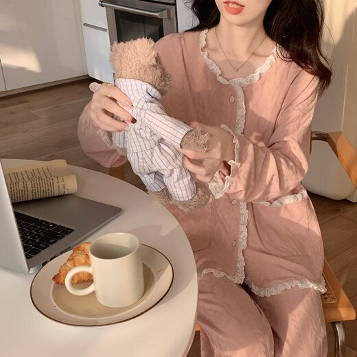 Langsha Sweet 2025 Spring and Summer Jacquard Cotton Pajamas Girls Nouveau pantalon à manches longues Cosser de style princesse avec poitrine 9904 # Pink XL Recommandé 116-130jin [Jin est égal à 0,5 kg]