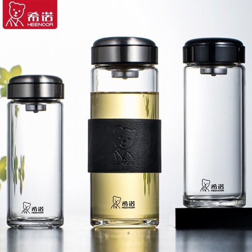 希诺（HEENOOR）希诺单层玻璃杯简约便携带滤网商务茶杯透明杯XN-6193/6195/6196 本色XN-6195-400ml+皮套杯刷 常规