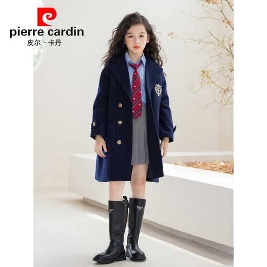 Pierre Cardin Wollmantel für Mädchen, britischer College-Stil, 2025, Winter, verdickt, mittellang, großer Wollmantel für Kinder, warm, Marineblau, 150 cm