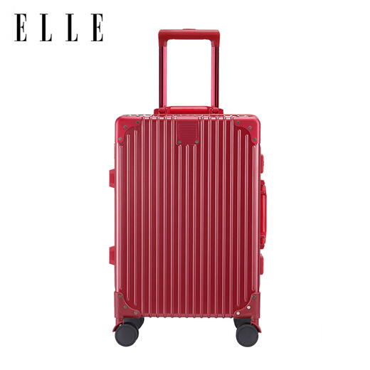 ELLE法国品牌行李箱红色26英寸铝框时尚拉杆箱大容量女士结婚密码箱