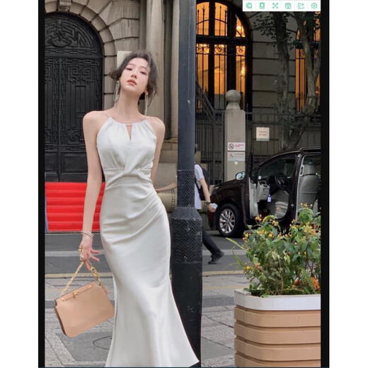 Con el estilo puro y retro de la falda de cola de satén para mujeres, vestido de fiesta de cumpleaños de halter francés nuevo estilo francés 9718 Off White M