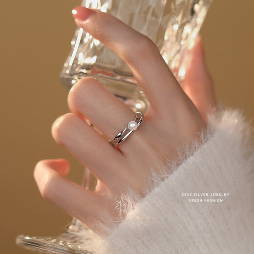 Su Shiliu 925 silver imitation pearl ring for women, high-end, light luxury, ins style shell bead open ring, best friend's birthday gift for girls, double layer pearl ring, open style