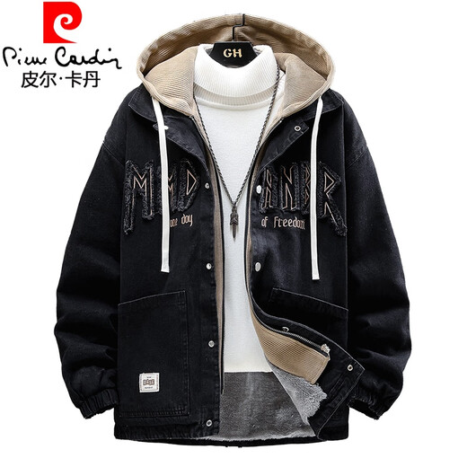 皮尔卡丹（pierre cardin）青少年牛仔外套男孩春秋季新款初高中学生男装加绒加厚连帽夹克潮 9855黑色【款】 加绒 M (90-100斤左右)