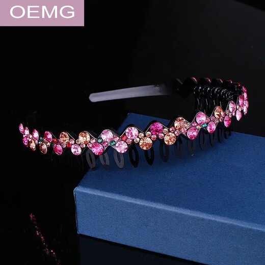 OEMG headband Korean rhinestone simple anti-slip hairband hairband face wash toothed hairpin headdress adult top clip hairpin 2 pieces (W style colorful + G style pink AB)