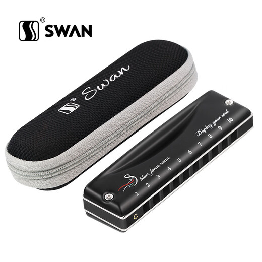 天鹅（SWAN）10孔布鲁斯口琴内嵌式磨砂黑质感盖板初学进阶paddy音