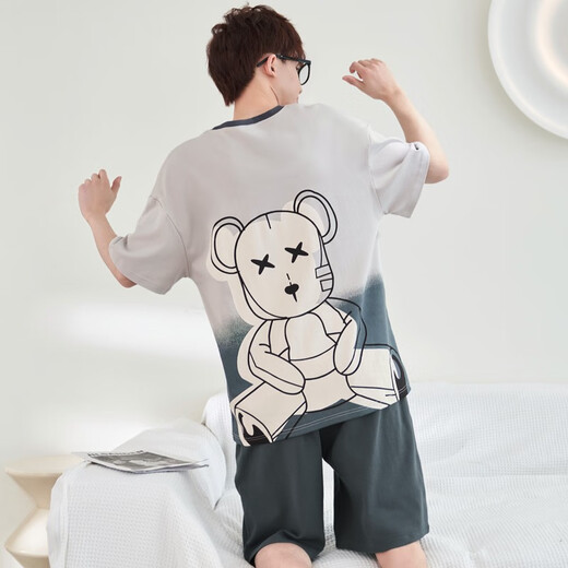 Shihuaxiang pajamas men's summer 2025 new style for young students short-sleeved thin summer men's home clothing set b1478 back bear M small size (high about 160-weight 70-90 Jin[Jin equals 0.5 kg])