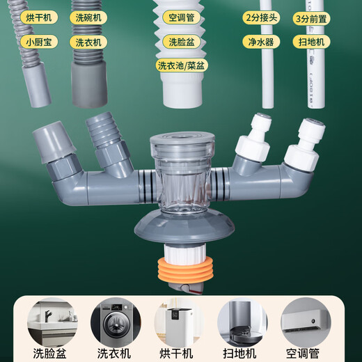 Submarine washing machine drain three-way sweeping robot dryer balcony under water basin drain pipe floor leak anti-odor joint 02 washing machine + basin + dryer/sweeper