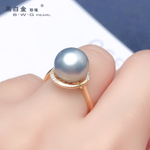 Black and white gold pearl, South Sea platinum, malachite green, seawater glare, Tahitian black pearl ring, 18k gold for women, inlaid with zircon, platinum gray (please leave a message for the ring number) 10-11mm