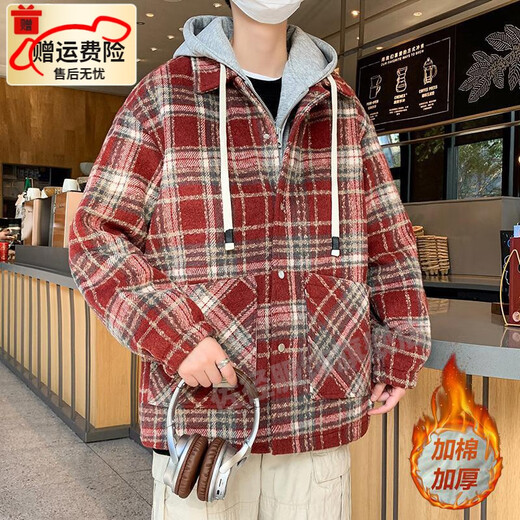 佐径（ZUOJING）男生秋冬加棉加厚小香风格子外套港风学生保暖棉服男 9923红格 2XL