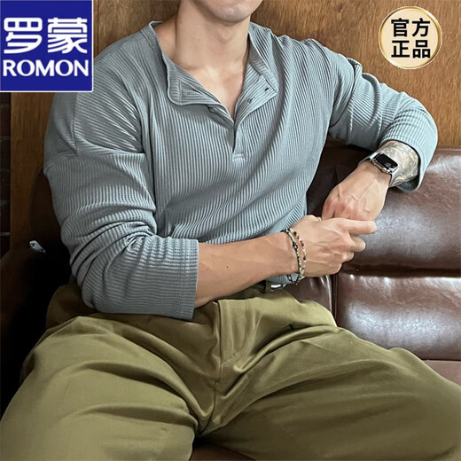 ROMON large size 300Jin Jin equals 0.5kg Henry collar waffle loose bottoming shirt for men spring and autumn new slim long-sleeved T-shirt top white 2XL 140-160Jin Jin equals 0.5kg