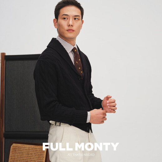 FULL MONTY青果领秋冬季羊毛针织开衫v领长袖毛衣男士新复古回潮外套 黑色8740 L