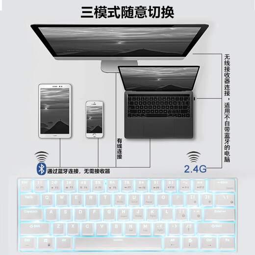 RK61 Wireless 2.4G/Bluetooth/Wired three-mode mechanical keyboard 61 keys compact portable notebook IPAD mobile phone office computer game keyboard white ice blue light tea axis
