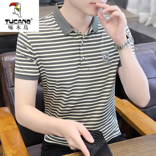 啄木鸟（TUCANO）冰丝短袖t恤男夏季2025新款条纹Polo 衫体恤潮流男装休闲上衣服 Y6626灰色 XL