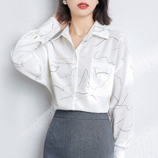 Park Ji chiffon shirt women's long-sleeved 2021 spring new Korean style loose and slim printed chiffon shirt women's commuting versatile belly-covering temperament OL shirt women 1112 white L [recommended 105-115Jin [Jin equals 0.5 kg]]