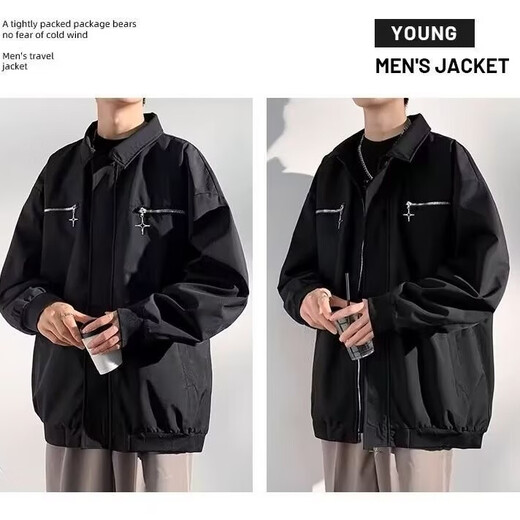 Tang Hao Spring and Autumn Jacket Men's American Fashion Lapel Casual Jacket Loose Versatile Handsome Design Winter Top Black XL