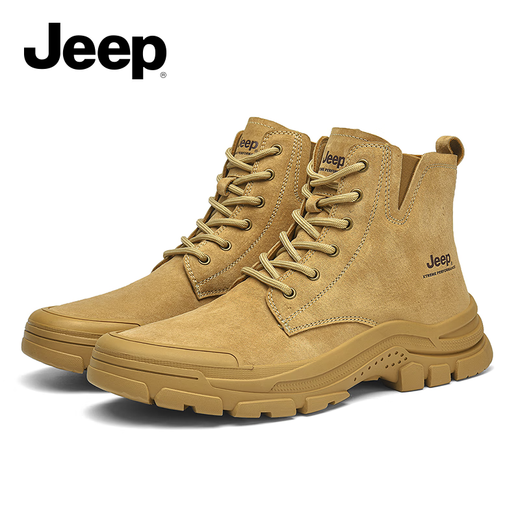 Jeep吉普男靴轻便户外秋冬季高帮马丁靴男女情侣款防滑加绒徒步登山鞋 驼色（女款-运动码）单层 37