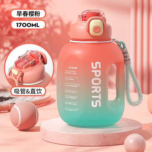 WINTERPALACE ton barrel sports water bottle large capacity plastic cup for men and women with big belly straw outdoor fitness ton pier space cup Mu Dongyan black 1700ml ton barrel