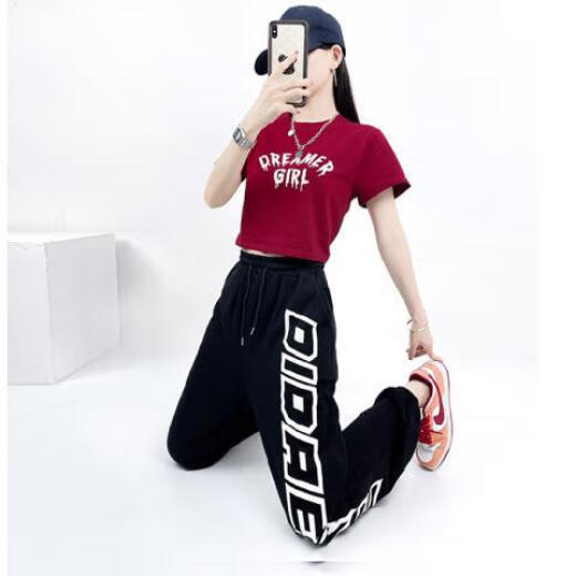 智兜兜小个子爵士舞套装广场舞蹈kpop跳舞套装女夏爵士舞服装运动穿搭街 386黑短袖+1049玫红裤子 均码 s