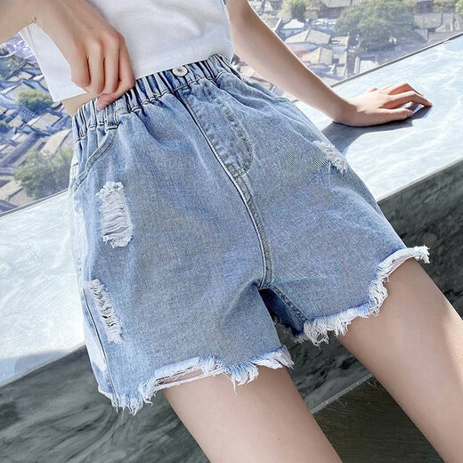 Schwein Pitt (Schwein/Peter) Mädchen Shorts Sommer Dünner Mädchen Sommeranzug 2025 neue Kinderhosen Sommermädchen große Kinder gerissene Jeans 1428 Blau + 1429 Weiß 160 cm