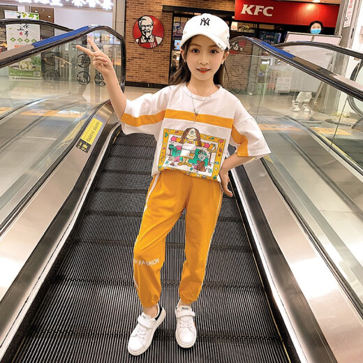 Zemeiyi children's clothing girls suit summer 2021 new Internet celebrity little girl children's sports and leisure short-sleeved T-shirt pants medium and large children two-piece set yellow 140 (recommended height 126-135cm)